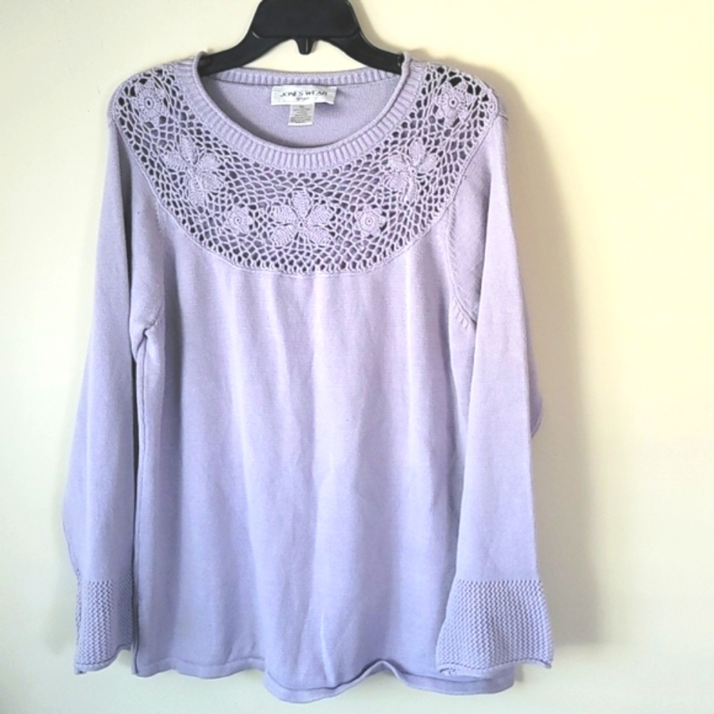 VTG 100% cotton Jones Wear Sweater Embroidered Flower Neckline Cuffs SZ XL